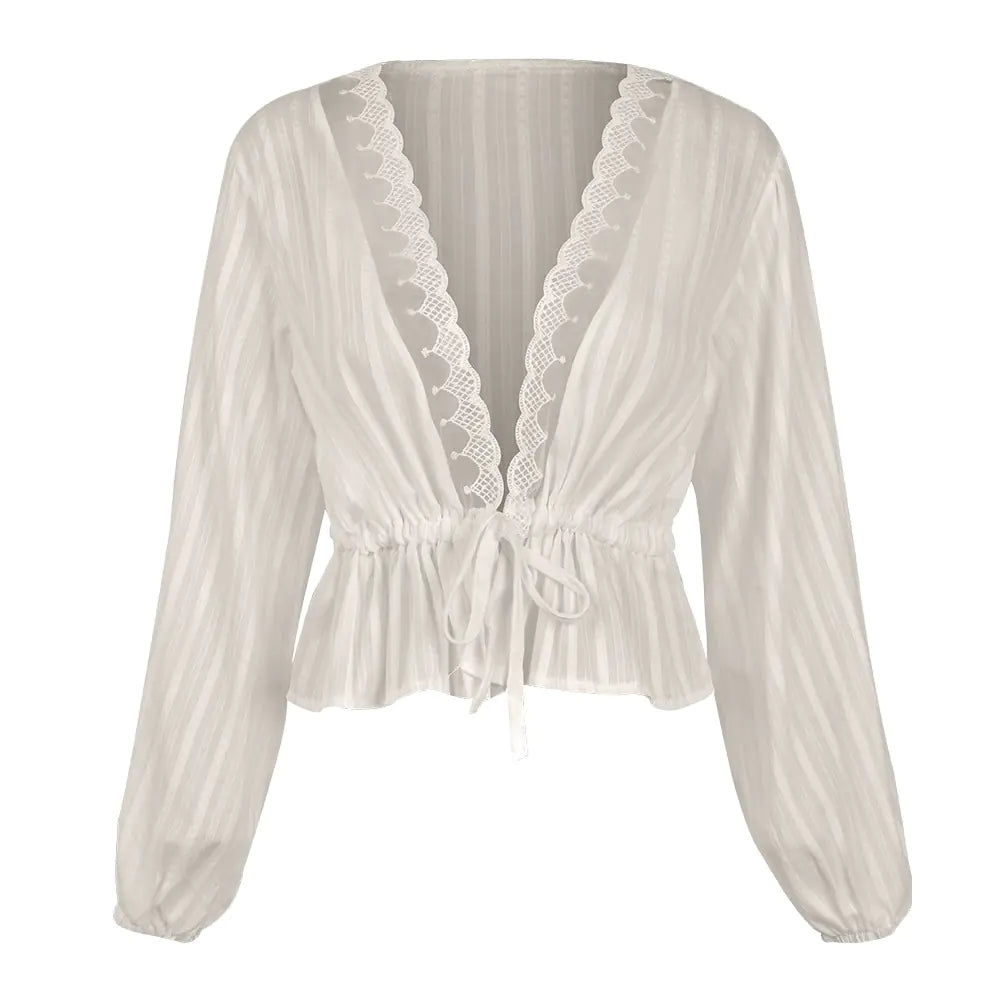Deep V-Neck Tie Waist Blouse with Lantern Sleeves
